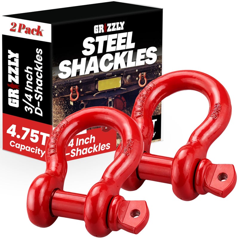 GRIZZLY 2 Pack- D Ring Shackles 3/4 INCH â€“ Red â€“ Heavy Duty Forged Steel with 4.75 Ton Capacity â€“ Ideal for Jeeps, ATVâ€™s, Trucks to use with Recovery,Towing, Snatch Straps,Snatch Block,Tree Savers - Image 1